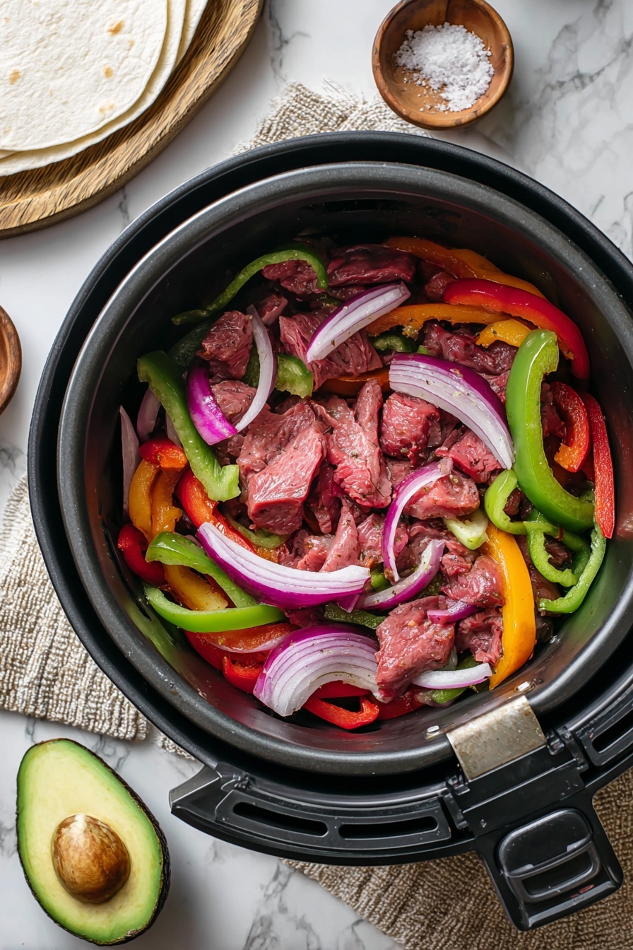 Air Fryer Steak Fajitas, steak fajitas dinner, quick fajita recipe, healthy fajita ideas, easy air fryer fajitas - Inside a black air fryer basket, there are several layers starting with green bell pepper strips and thin slices of red and yellow bell peppers forming the bottom layer. On top of them, there is a mix of raw pink beef strips and chunks, along with thin slices of white and purple onions scattered evenly. Around the air fryer, on a white marbled surface with a beige textured cloth underneath, there is a halved avocado showing its green flesh and pit, along with a white tortilla to the left side and a small wooden bowl with salt visible. The overall scene feels fresh and colorful, ready for cooking, photo taken with an iphone --ar 2:3 --v 7