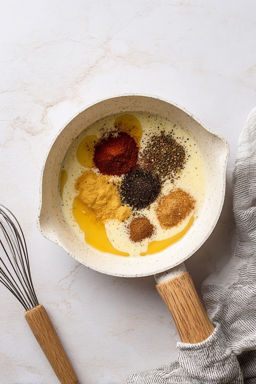 Nashville Hot Chicken Sandwich, spicy chicken sandwich, crispy chicken sandwich, homemade Nashville hot chicken, spicy chicken lunch - In a white cooking pot with a wooden handle, there are six different spices and melted butter placed in separated sections on the creamy light yellow surface. The spices include a dark red powder, a bright yellow powder, a black pepper mix, a brown powder, and a golden-brown spice, all resting on top of the melted butter that has a smooth, oily texture. The pot sits on a white marbled surface next to a wooden-handled whisk on the left and a gray-striped cloth on the right. Photo taken with an iphone --ar 2:3 --v 7