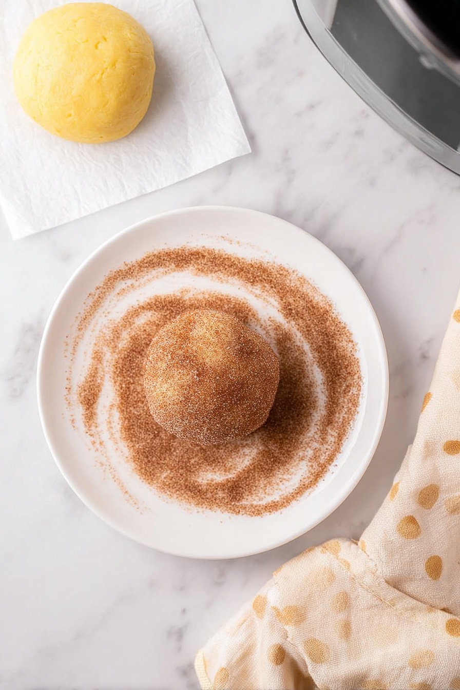 Air Fryer Snickerdoodle Cookies, snickerdoodle cookies in air fryer, cinnamon cookies quick recipe, soft and chewy snickerdoodles, easy air fryer cookies - The image shows two light golden brown cookies stacked on top of each other on a piece of white parchment paper placed on a silver wire cooling rack. Each cookie has a rough texture with cracks and a dusting of cinnamon sugar on the top surface, giving them a slightly speckled appearance. To the left of the cookies, there are a few cinnamon sticks lying on the white marbled surface, and in the background, there is a blurred jar with sticks and a small brown bowl filled with a cinnamon-like powder. The scene has a soft, warm light with the focus on the cookies, making them look fresh and inviting. photo taken with an iphone --ar 2:3 --v 7