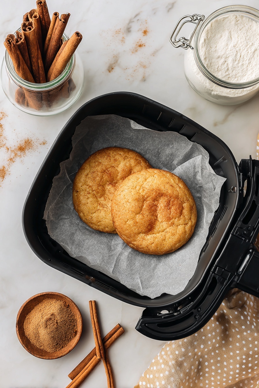 Air Fryer Snickerdoodle Cookies, snickerdoodle cookies in air fryer, cinnamon cookies quick recipe, soft and chewy snickerdoodles, easy air fryer cookies - Two golden brown round cookies with a slightly cracked surface sit on a piece of grey parchment paper inside a black air fryer basket. The basket rests on a white marbled surface scattered lightly with cinnamon powder. To the top left, there is a small clear jar holding multiple cinnamon sticks standing upright. Near the bottom left, a small wooden bowl filled with cinnamon sugar sits beside two cinnamon sticks lying flat. To the top right, a white jar with a clasp lid holds white flour. A beige cloth with white polka dots is draped next to the jar on the right side. Photo taken with an iphone --ar 2:3 --v 7