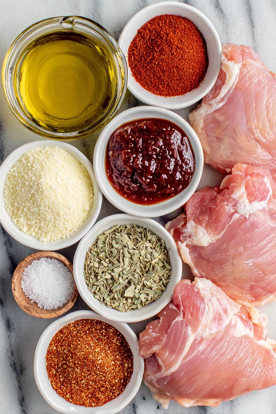 Copycat Chipotle Chicken, smoky spicy chicken, homemade Mexican chicken, flavorful chicken marinade, easy chicken recipe - Flat lay of a small white ceramic bowl of golden olive oil, a small white bowl filled with deep red adobo sauce, a small pile of vibrant red chili powder, a small mound of pale beige onion powder, a small heap of warm brown ground cumin, a small cluster of dried oregano leaves, a small scoop of fine garlic powder, a small heap of coarse kosher salt crystals, a small pile of cracked black pepper, a small white bowl of rich amber chicken broth, and two raw boneless, skinless chicken thighs with fresh pink flesh neatly arranged, all placed on a clean white marble surface, soft natural light, photo taken with an iPhone, professional food photography style, fresh ingredients, white ceramic bowls, no bottles, no duplicates, no utensils, no packaging --ar 2:3 --v 7 --p m7354615311229779997