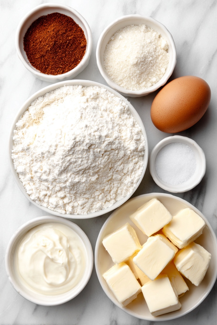 Air Fryer Chicken Fried Steak with Cream Gravy, chicken fried steak, crispy fried steak, homemade gravy, Southern comfort food - Flat lay of a small mound of all-purpose flour, a small pile of white cornstarch, a heap of bright red paprika powder, a small white bowl filled with garlic powder, a small white bowl holding onion powder, a small white bowl of coarse kosher salt, a small white bowl with cracked black pepper, a small white bowl containing cayenne pepper, one large uncracked brown egg, a small white bowl with creamy half-and-half, four raw cube steaks with fresh marbling, a small white bowl of pale yellow butter cubes placed neatly, placed on a clean white marble surface, soft natural light, photo taken with an iPhone, professional food photography style, fresh ingredients, white ceramic bowls, no bottles, no duplicates, no utensils, no packaging --ar 2:3 --v 7 --p m7354615311229779997