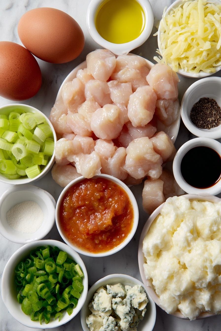 Buffalo Chicken Bowls with Veggies, spicy chicken bowls, healthy chicken dinner, easy dinner recipes, customizable chicken bowls - Flat lay of boneless skinless chicken breast chunks, a small white bowl of vibrant orange buffalo sauce, a small white bowl of golden olive oil, a small white bowl of fine garlic powder, a small white bowl of coarse salt, a small white bowl of cracked black peppercorns, two whole brown eggs with clean shells, thinly sliced celery ribs, a chopped ripe roma tomato, a small white bowl of shredded bright orange carrots, a halved avocado with fresh green flesh, a small white bowl of crumbly blue cheese, a small white bowl of chopped green onions, a small white bowl of creamy ranch dressing, two small white bowls of cooked fluffy white rice placed on a clean white marble surface, soft natural light, photo taken with an iPhone, professional food photography style, fresh ingredients, white ceramic bowls, no bottles, no duplicates, no utensils, no packaging --ar 2:3 --v 7 --p m7354615311229779997