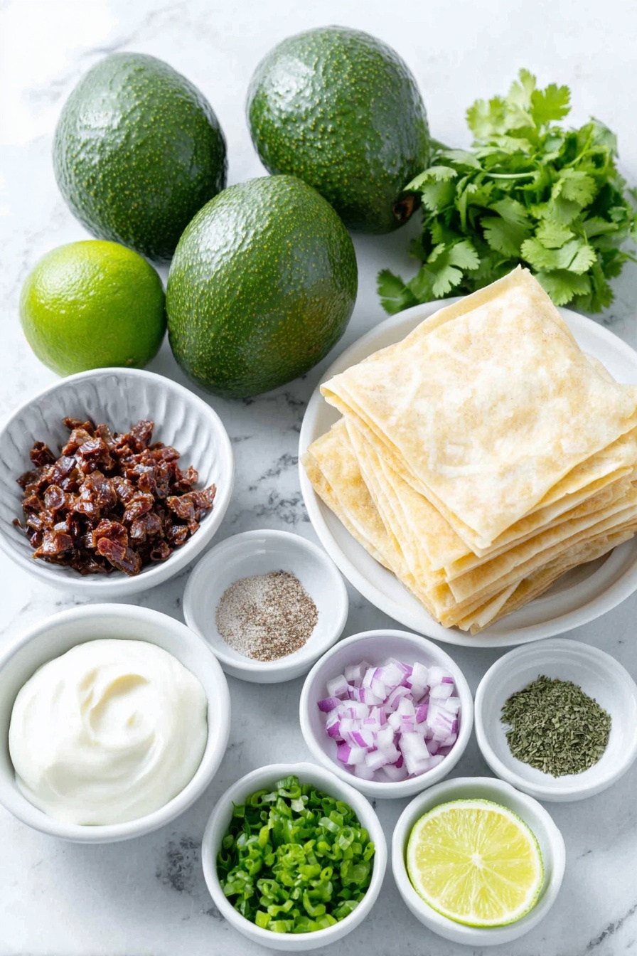 Air Fryer Avocado Egg Rolls, healthy avocado egg rolls, crispy egg roll appetizer, easy air fryer snacks, avocado egg rolls with dipping sauce - Flat lay of three medium ripe avocados, a small white bowl of bright green lime juice, a small white bowl with chopped red sun-dried tomatoes, a small white bowl of finely minced red onion, a small white bowl of fresh chopped cilantro, a small white bowl of coarse sea salt, a small white bowl of cracked black pepper, eight crisp, square egg roll wrappers stacked neatly, a small white bowl of creamy sour cream, a small white bowl of smooth mayonnaise, a small white bowl with half a fresh lime wedge juice, one whole chipotle pepper in adobo sauce resting beside a small white bowl, one whole garlic clove, a small white bowl with dried parsley, a small white bowl of dried dill, a small white bowl of onion powder, a small white bowl of dried chives, a small white bowl of additional coarse salt, and a small white bowl with fresh milk, all arranged symmetrically and balanced on a clean white marble surface, soft natural light, photo taken with an iPhone, professional food photography style, fresh ingredients, white ceramic bowls, no bottles, no duplicates, no utensils, no packaging --ar 2:3 --v 7 --p m7354615311229779997