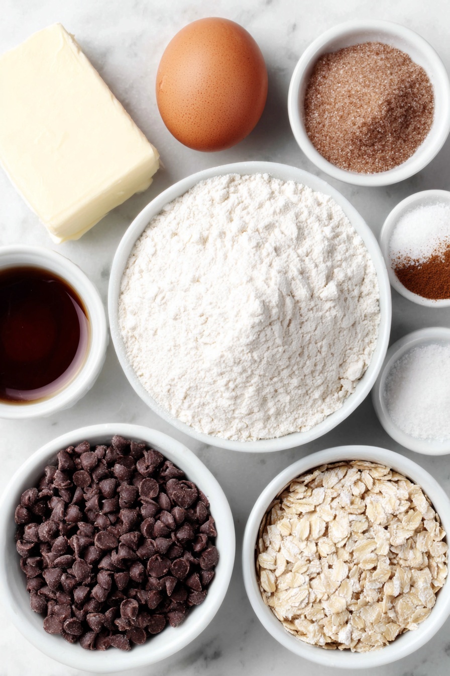 Giant Air Fryer Oatmeal Cookie, air fryer oatmeal cookie, quick oatmeal cookie, easy air fryer desserts, homemade oatmeal cookie - Flat lay of a small slab of golden butter, a small mound of brown sugar, a smaller mound of white granulated sugar, one whole uncracked brown egg, a small white bowl of clear vanilla extract, a small white bowl of pale flour, tiny heaps of baking soda, baking powder, and salt arranged neatly, a small white bowl of quick oats, a small white bowl filled with semi-sweet chocolate chips, and a small white bowl with ground cinnamon sprinkle on the side, all placed symmetrically on a clean white marble surface, soft natural light, photo taken with an iPhone, professional food photography style, fresh ingredients, white ceramic bowls, no bottles, no duplicates, no utensils, no packaging --ar 2:3 --v 7 --p m7354615311229779997