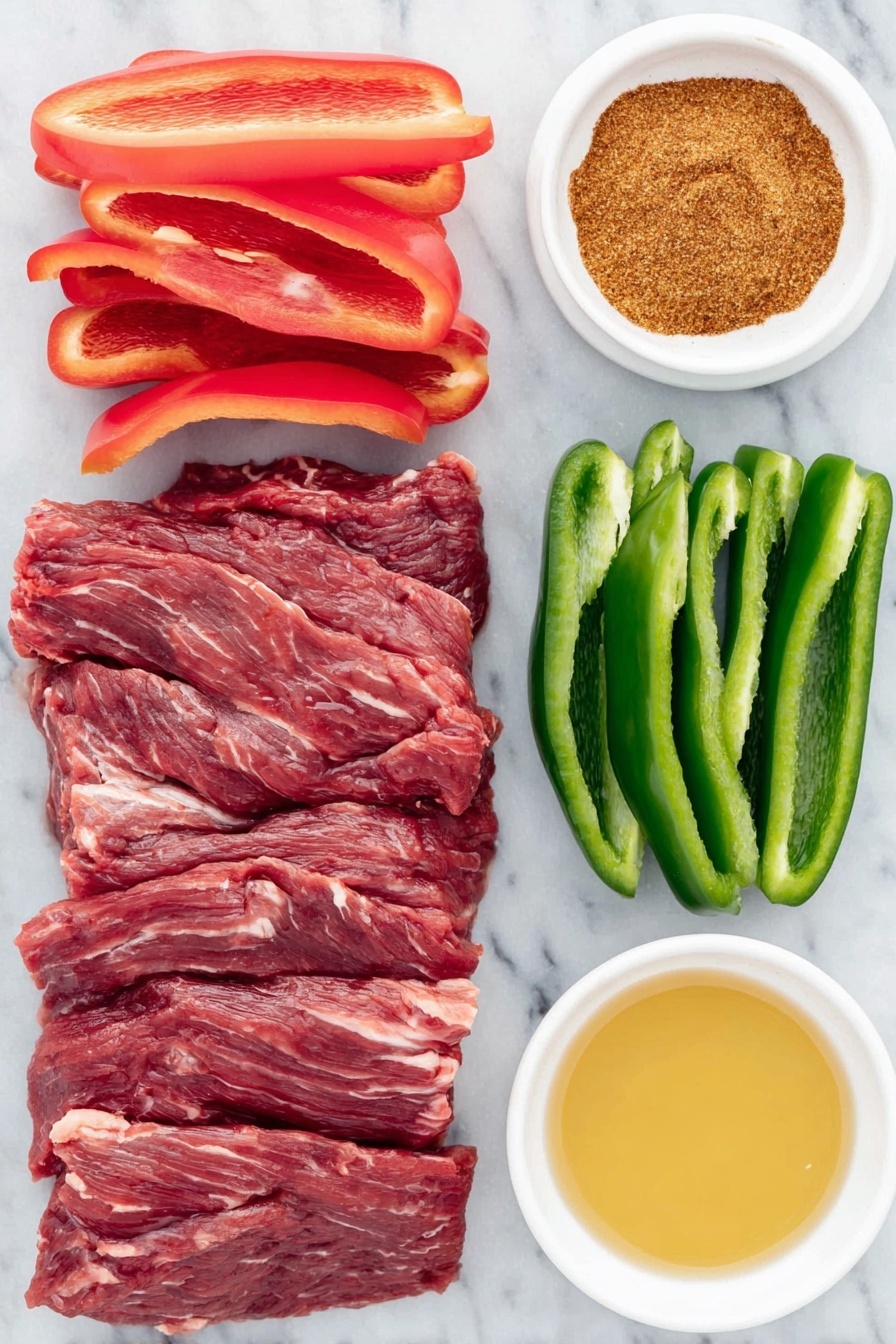 Air Fryer Steak Fajitas, steak fajitas dinner, quick fajita recipe, healthy fajita ideas, easy air fryer fajitas - Flat lay of a raw skirt steak cut into thin strips, a fresh red bell pepper sliced into strips, a green bell pepper sliced into strips, a red onion sliced into strips, a small white ceramic bowl with golden oil, a small white bowl containing a warm-toned spice blend of chili powder, cumin, sugar, salt, onion powder, garlic powder, and cayenne, all arranged symmetrically with balanced proportions, placed on a clean white marble surface, soft natural light, photo taken with an iPhone, professional food photography style, fresh ingredients, white ceramic bowls, no bottles, no duplicates, no utensils, no packaging --ar 2:3 --v 7 --p m7354615311229779997
