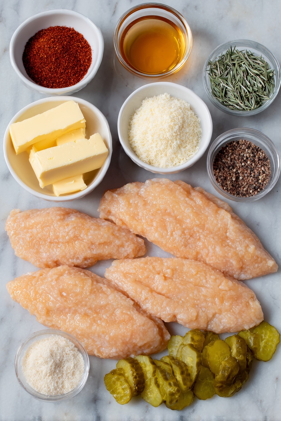 Nashville Hot Chicken Sandwich, spicy chicken sandwich, crispy chicken sandwich, homemade Nashville hot chicken, spicy chicken lunch - Flat lay of four golden breaded chicken breast filets, a few pats of pale yellow butter, a small white bowl with bright red cayenne pepper powder, a small white bowl with rich brown sugar crystals, a small white bowl with amber honey, a small white bowl with coarse kosher salt, a small white bowl with cracked black peppercorns, a small white bowl with fine garlic powder, a small white bowl with pale onion powder, a small white bowl with reddish smoked paprika, four shiny golden brioche buns, a small pile of fresh green dill pickle slices, arranged with perfect symmetry on a clean white marble surface, soft natural light, photo taken with an iPhone, professional food photography style, fresh ingredients, white ceramic bowls, no bottles, no duplicates, no utensils, no packaging --ar 2:3 --v 7 --p m7354615311229779997