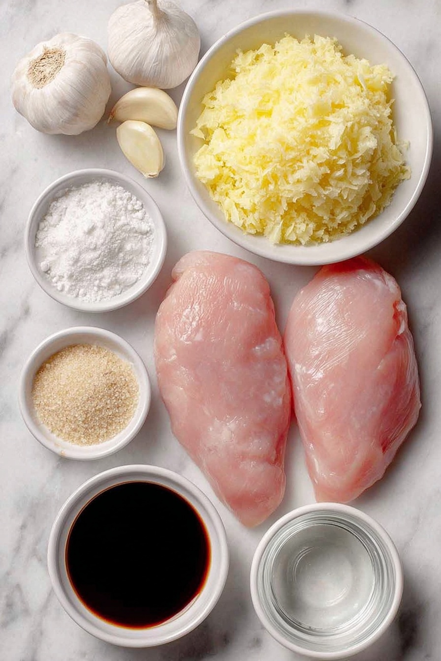 Air Fryer Teriyaki Chicken, healthy air fryer chicken recipes, easy weeknight chicken dinner, flavorful teriyaki chicken, quick air fryer chicken - Flat lay of a few cloves of fresh garlic, a small pile of finely grated fresh ginger, a small white bowl of dark soy sauce, a small white bowl of clear water, a small white bowl of light brown sugar crystals, a small white bowl of dark Worcestershire sauce, a small white bowl of clear white distilled vinegar, a small pile of pale yellow onion powder, and two raw boneless skinless chicken breasts with smooth pinkish flesh, all arranged symmetrically on a clean white marble surface, soft natural light, photo taken with an iPhone, professional food photography style, fresh ingredients, white ceramic bowls, no bottles, no duplicates, no utensils, no packaging --ar 2:3 --v 7 --p m7354615311229779997