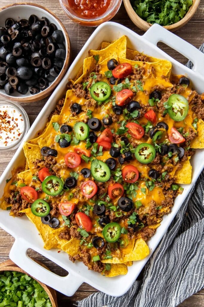 Loaded Beef Nachos with Cheddar and Toppings Recipe